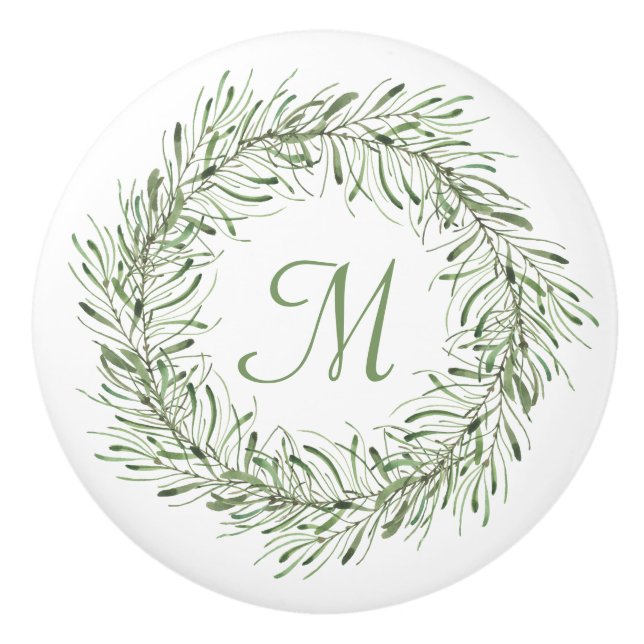 Green Botanical Leaf Wreath Monogram Ceramic Knob (Front)
