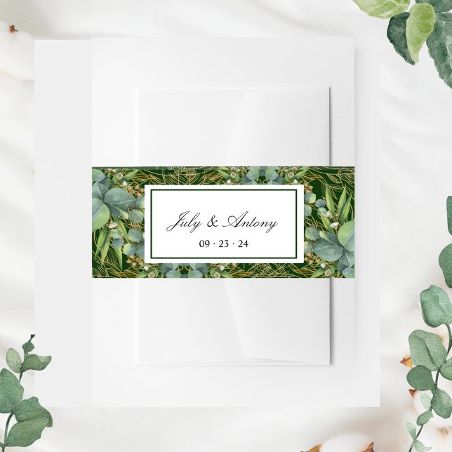 Green Botanical Leaves Invitation Belly Band (Green belly bands set for envelopes botanical wedding invites)