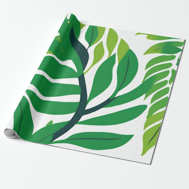 Green Botanical Leaves Wrapping Paper (Unrolled)