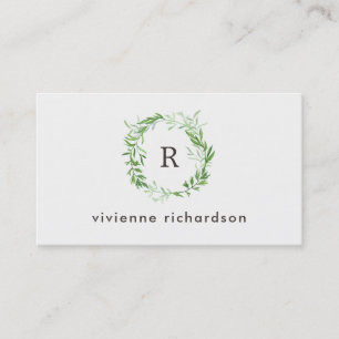 Green Botanical Leaves Wreath and Monogram Business Card