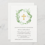Green Botanical Leaves Wreath Baptism Invitation<br><div class="desc">This elegant botanical baptism invitation features a green wreath of leaves surrounding a faux gold cross,  on a clean white background. We have used art from LABFcreations.</div>