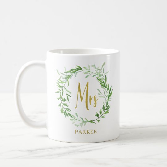 Green Botanical Leaves Wreath | Faux Gold Mrs Coffee Mug