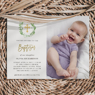 Green Botanical Leaves Wreath   Photo Baptism Invitation