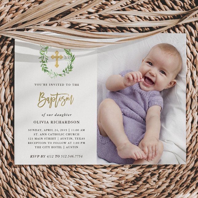 Green Botanical Leaves Wreath | Photo Baptism Invitation (Creator Uploaded)