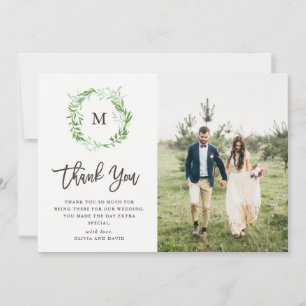 Green Botanical Leaves Wreath   Photo Wedding Thank You Card