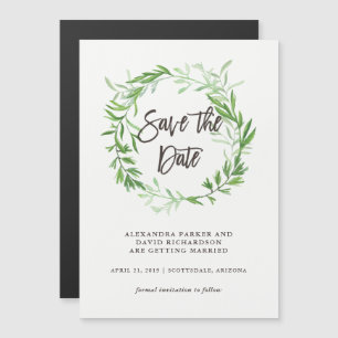 Green Botanical Leaves Wreath Save the Date Magnetic Invitation