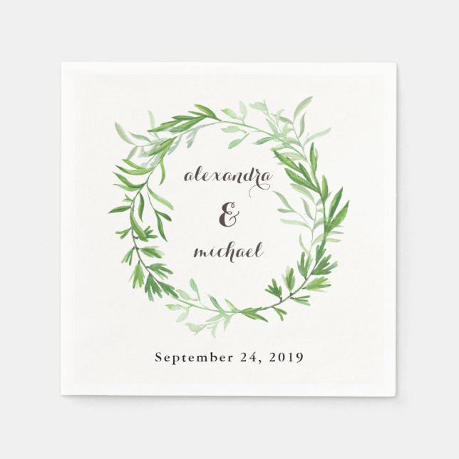 Green Botanical Leaves Wreath Wedding Napkin (Front)