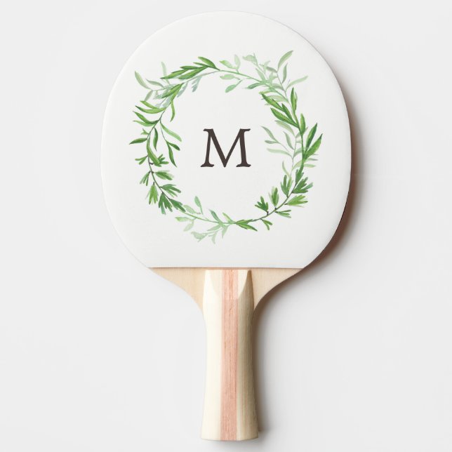 Green Botanical Leaves Wreath with Monogram Ping Pong Paddle (Front)