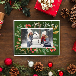 Green Botanical Merry Christmas Photo Holiday Postcard
