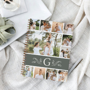 Green Botanical Monogram 11 Photo Collage Notebook