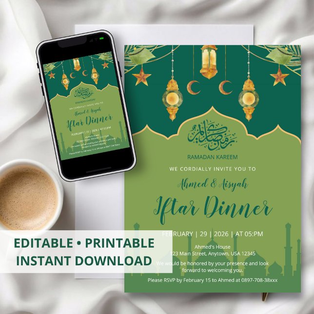 Green Botanical Mosque and Gold Lanterns Iftar Invitation (Creator Uploaded)