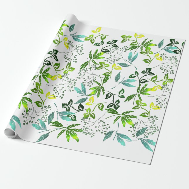 Green Botanical Sprigs Wrapping Paper (Unrolled)