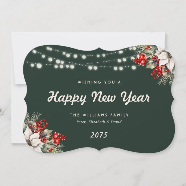 Green Botanical String Lights New Year Card (Front)