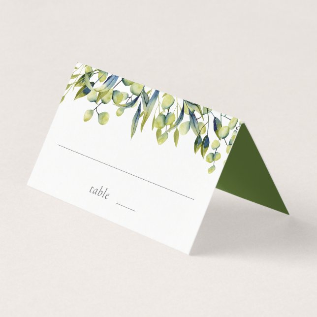 Green Botanical Watercolor Greenery Place Cards (Front)