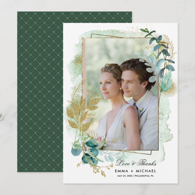 Green Botanical Wedding Thank You Photo Card (Front/Back)
