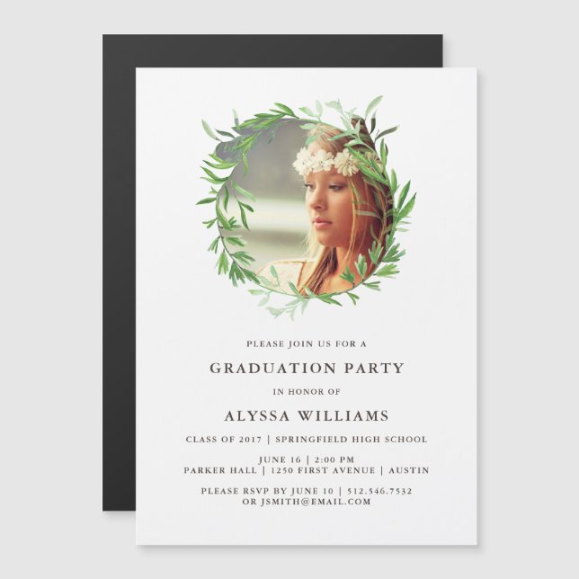 Green Botanical Wreath | Graduation Party Magnetic Invitation (Front/Back)