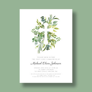 Green Botanicals Cross Religious First Communion Invitation