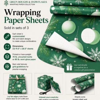 Green Boughs and Snowflakes Wrapping Paper Sheet