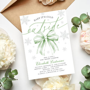Green Bow Baby Its Cold Outside Winter Baby Shower Invitation