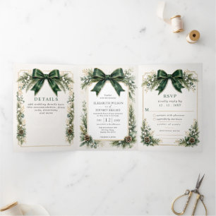 Green Bow Botanical Winter Christmas Wedding Tri-Fold Invitation