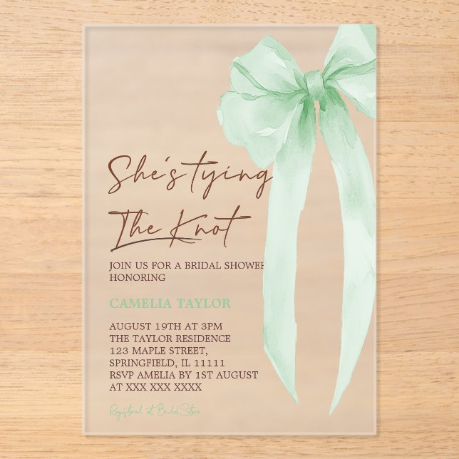 Green Bow Bridal Shower Acrylic Invitations (Front)