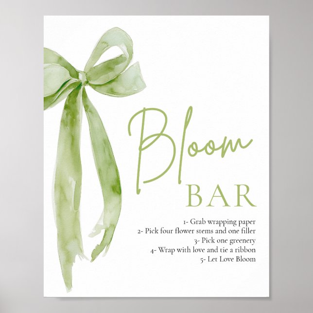 Green Bow Bridal Shower Flower Bloom Bar Sign (Front)