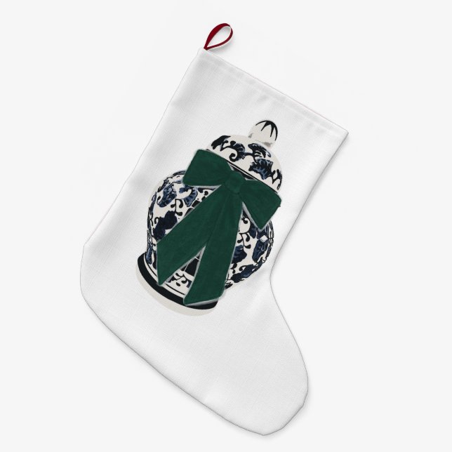 Green Bow Chinoiserie Vase Christmas Stocking (Front (Hanging))