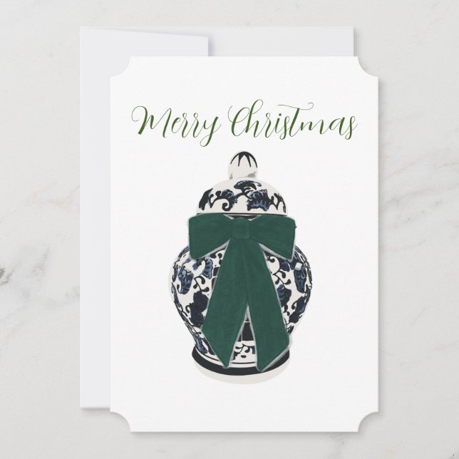 Green Bow Chinoiserie Vase Flat Holiday Card (Front)