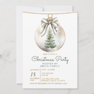 Green Bow Christmas Party Ornament Holiday Floral Invitation