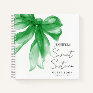 Green Bow Coquette Script Sweet 16 Guest Book 