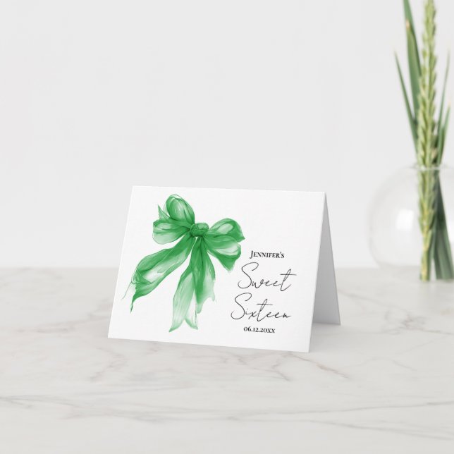 Green Bow Coquette Script Sweet 16 Thank You  Card (Front)