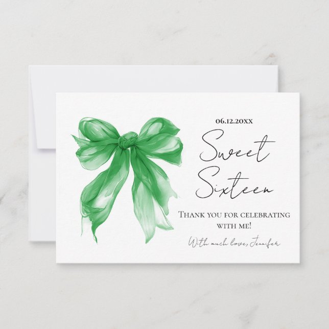 Green Bow Coquette Script Sweet 16 Thank You  Card (Front)