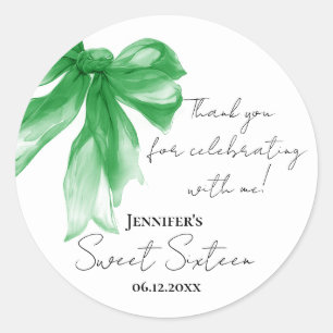 Green Bow Coquette Script Sweet 16 Thank You  Classic Round Sticker