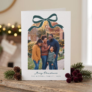 Green Bow Design Merry Christmas Family Photo Holiday Card