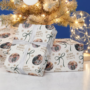Green Bow Family Photo Christmas Wrapping Paper