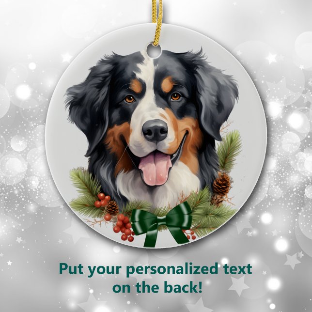 Green Bow Holly Wreath Bernese Mountain Dog Ceramic Tree Decoration (Creator Uploaded)