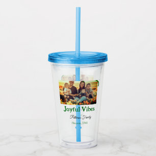 Green bow joyful Vibes add family photo name Acrylic Tumbler
