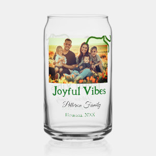 Green bow joyful Vibes add family photo name Can Glass