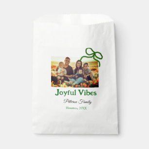 Green bow joyful Vibes add family photo name Favour Bags