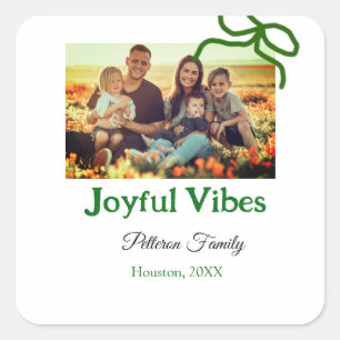 Green bow joyful Vibes add family photo name  Square Sticker