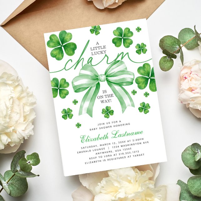 Green Bow Lucky Charm Baby Shower Invitation (Green Bow Lucky Charm Baby Shower Invitation
#luckycharmbabyshower
#stpatricksdaybabyshower)