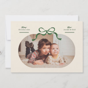 Green Bow Merriest Christmas Oval Photo Flat Holiday Card
