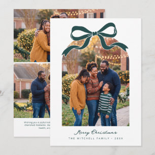 Green Bow Merry Christmas Family Photo Holiday Card