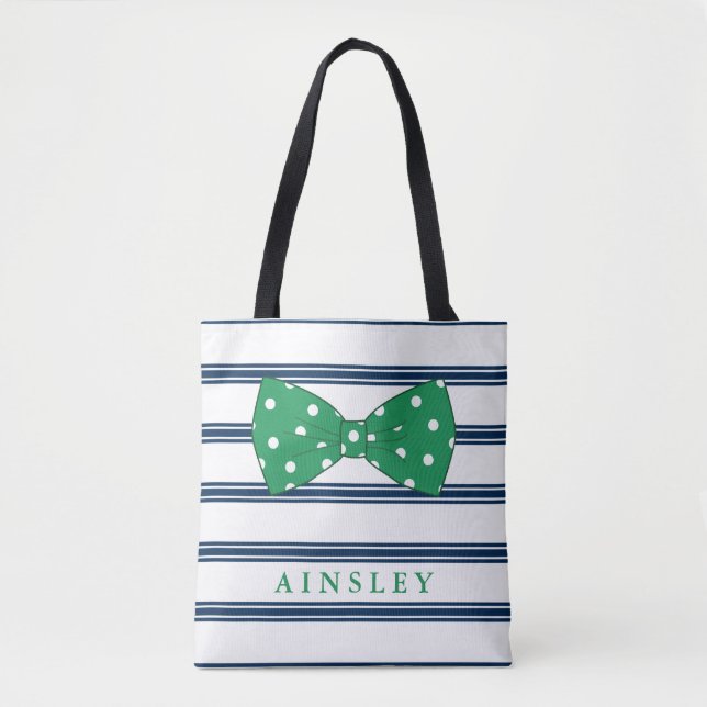 Green Bow & Navy Stripes | Custom Name Tote Bag (Front)