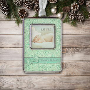 Green Bow Pastel Baby First Christmas Silver Plated Framed Ornament