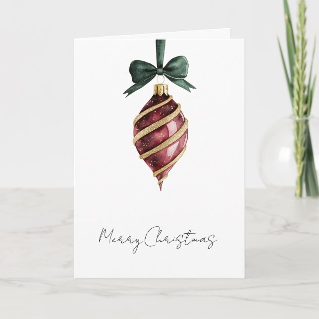 Green Bow Red Gold Ornament Christmas Card (Front)