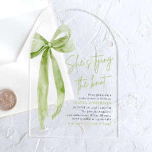 Green Bow She's Tying the Knot Arch Bridal Shower Acrylic Invitations