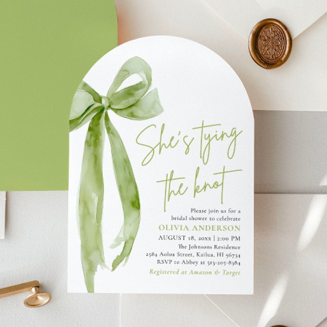 Green Bow She's Tying the Knot Arch Bridal Shower Invitation (Modern Elegant Green Bow Ribbon Coquette She's Tying the Knot Bridal Shower Invitation)