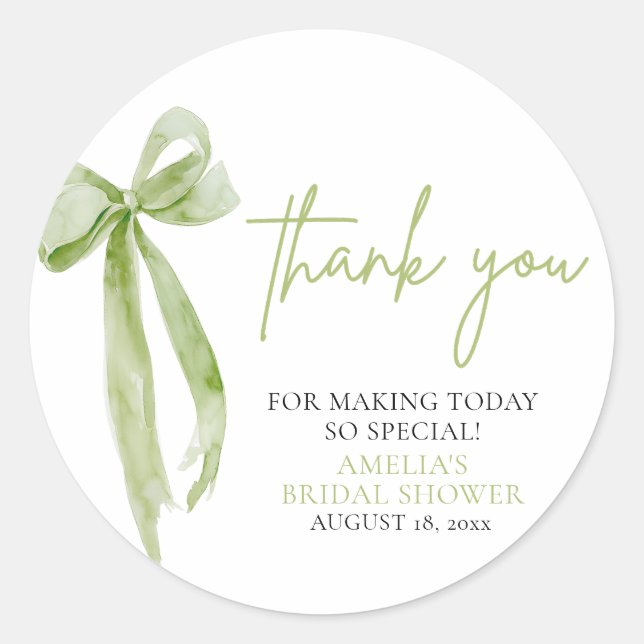 Green Bow She's Tying the Knot Bridal Shower Classic Round Sticker (Front)