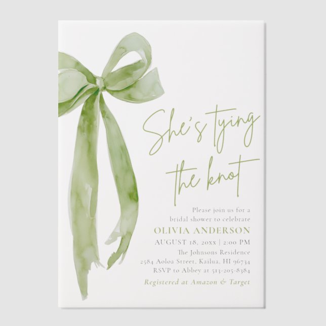 Green Bow She's Tying the Knot Bridal Shower Vellum Invitations (Front)